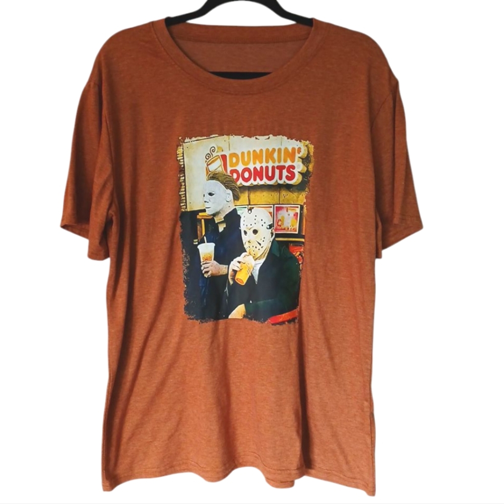 Dunkin' Donuts Michael Myers Jason Vorhees Horror Themed Funny Tshirt Unisex XL